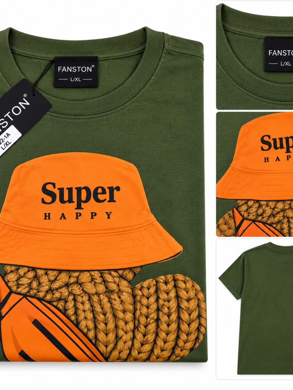 Kids Olive Green T-Shirt with Orange 'Super Happy' Graphic
